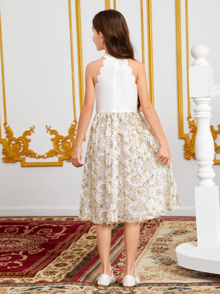 Girls Floral Embroidery Mesh Scallop Trim Halter Neck Dress