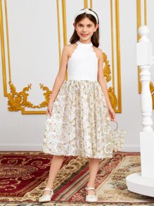 SHEIN Girls Floral Embroidery Mesh Scallop Trim Halter Neck Dress - Multicolor - View 3