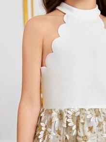 SHEIN Girls Floral Embroidery Mesh Scallop Trim Halter Neck Dress - Multicolor - View 4