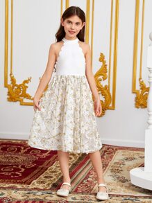 SHEIN Girls Floral Embroidery Mesh Scallop Trim Halter Neck Dress - Multicolor - View 5