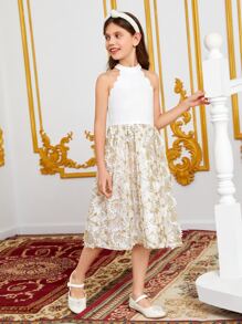 SHEIN Girls Floral Embroidery Mesh Scallop Trim Halter Neck Dress - Multicolor - View 6