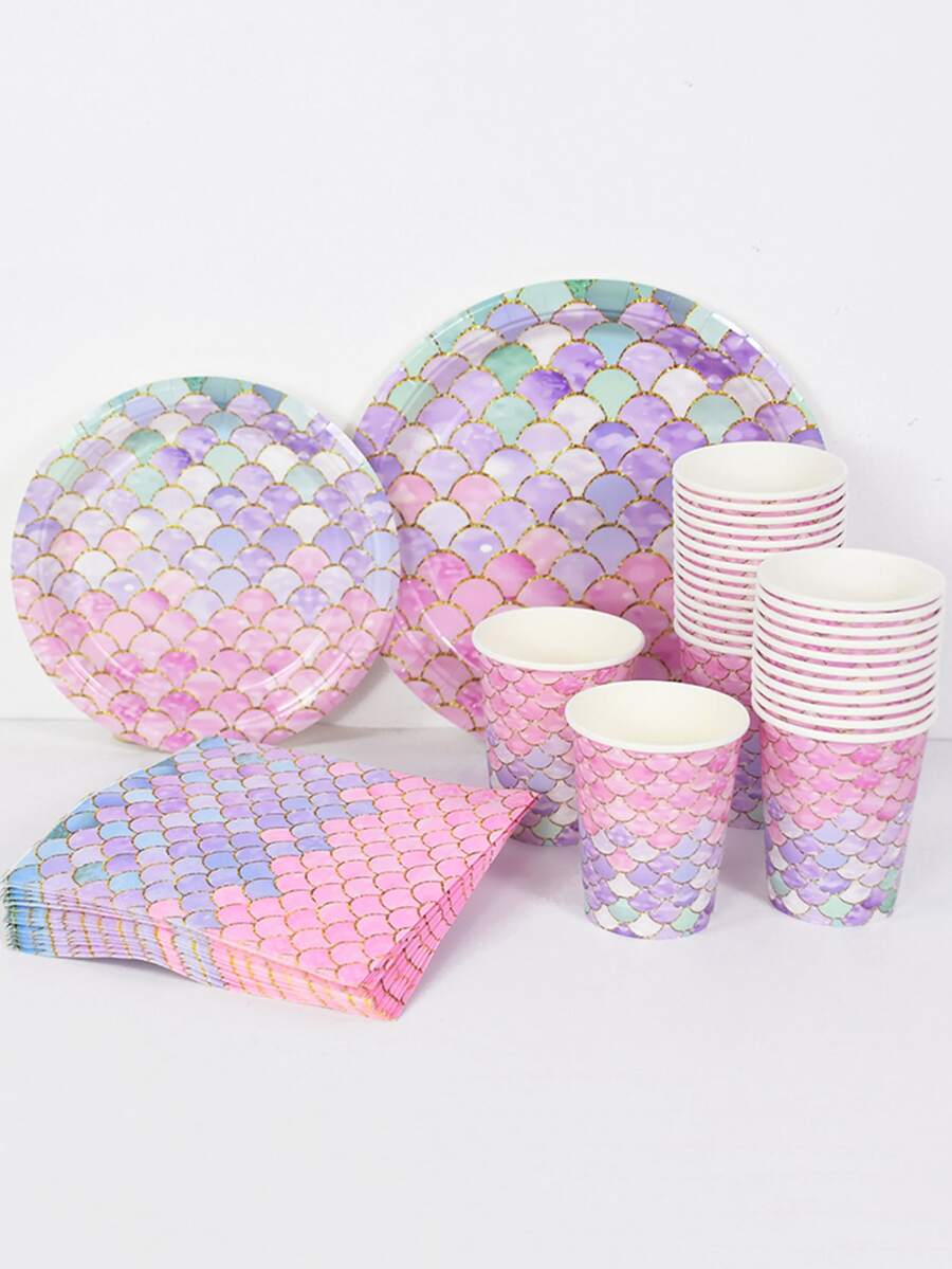 44入組/套紙質一次性餐具魚鱗圖案一次性盤子和杯子和餐巾套裝適合派對 - 粉色 - 查看 1