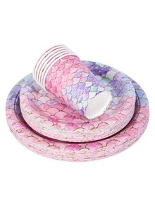 44入組/套紙質一次性餐具魚鱗圖案一次性盤子和杯子和餐巾套裝適合派對 - 粉色 - 查看 2