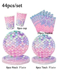 44入組/套紙質一次性餐具魚鱗圖案一次性盤子和杯子和餐巾套裝適合派對 - 粉色 - 查看 5