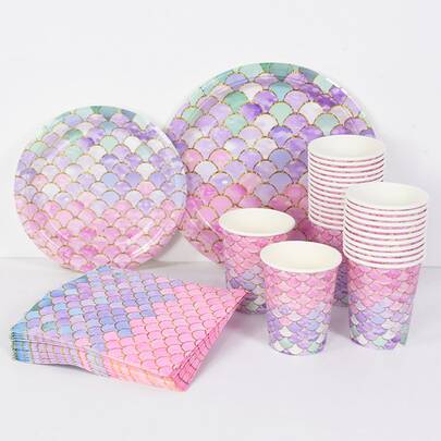 44入組/套紙質一次性餐具魚鱗圖案一次性盤子和杯子和餐巾套裝適合派對