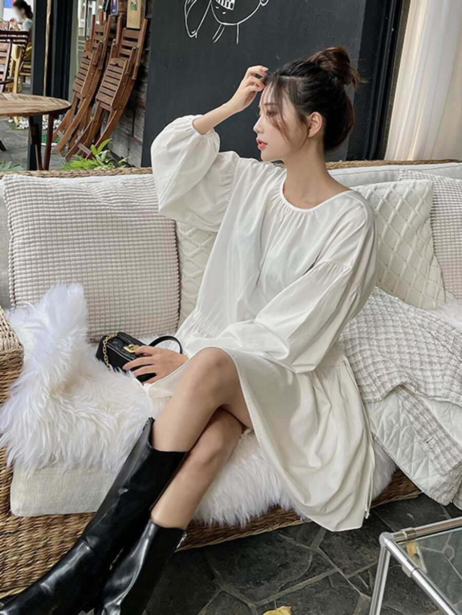 DAZY Solid Bishop Sleeve Smock Dress - Beige - View 1