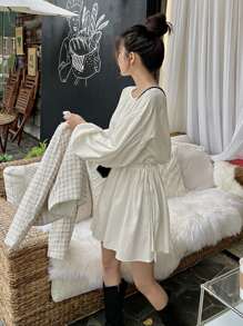 DAZY Solid Bishop Sleeve Smock Dress - Beige - View 2