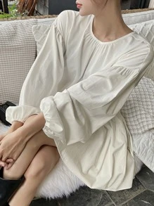 DAZY Solid Bishop Sleeve Smock Dress - Beige - View 3