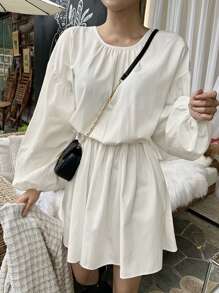 DAZY Solid Bishop Sleeve Smock Dress - Beige - View 5