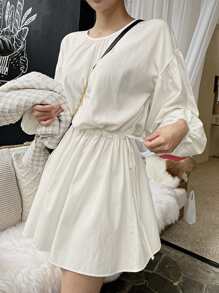 DAZY Solid Bishop Sleeve Smock Dress - Beige - View 7