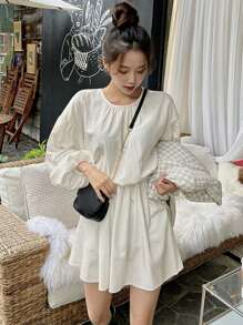 DAZY Solid Bishop Sleeve Smock Dress - Beige - View 8