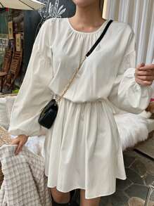 DAZY Solid Bishop Sleeve Smock Dress - Beige - View 9