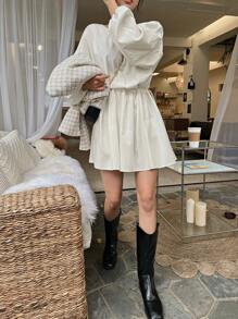 DAZY Solid Bishop Sleeve Smock Dress - Beige - View 10