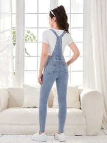 SHEIN 青少年女孩補丁貼口袋破洞牛仔背帶褲 - 淺色水洗藍 - 查看 2