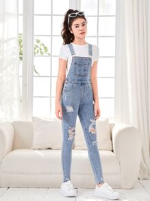 SHEIN 青少年女孩補丁貼口袋破洞牛仔背帶褲 - 淺色水洗藍 - 查看 3