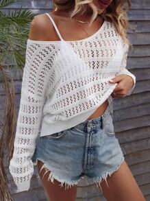 Breezaya Drop Shoulder Open Knit Jumper Without Bra - White - View 5