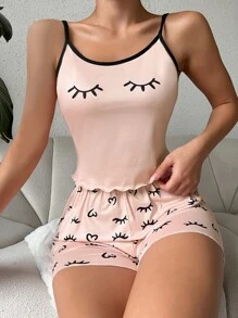 Bộ đồ ngủ Nữ Tương phản ràng buộc Xù nhỏ Con số Dễ thương - Màu Hồng baby - Xem 1