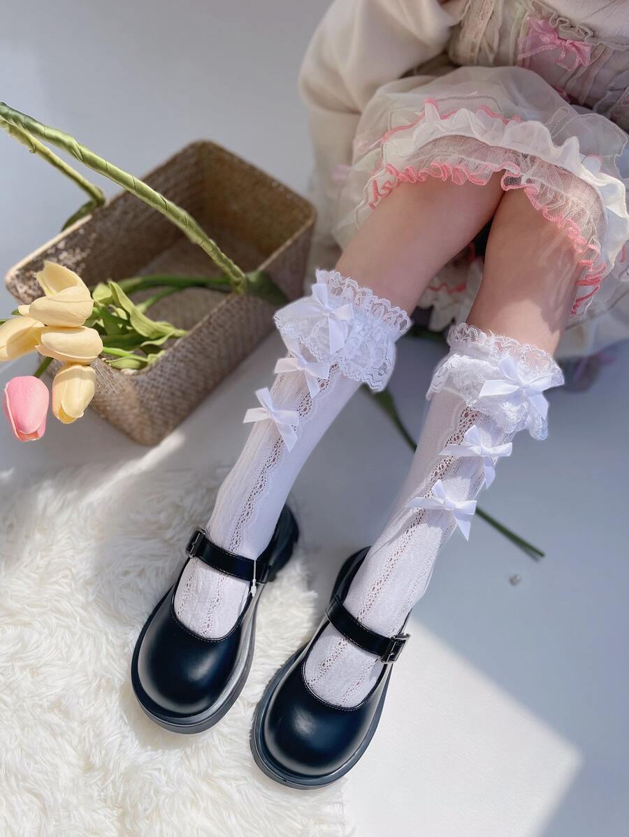 1pair Toddler Girls Bow Decor Ruffle Trim Cute Style Crew Socks - White - View 1