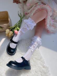 1pair Toddler Girls Bow Decor Ruffle Trim Cute Style Crew Socks - White - View 2