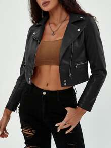 Zip Up PU Leather Cropped Biker Jacket - Black - View 1