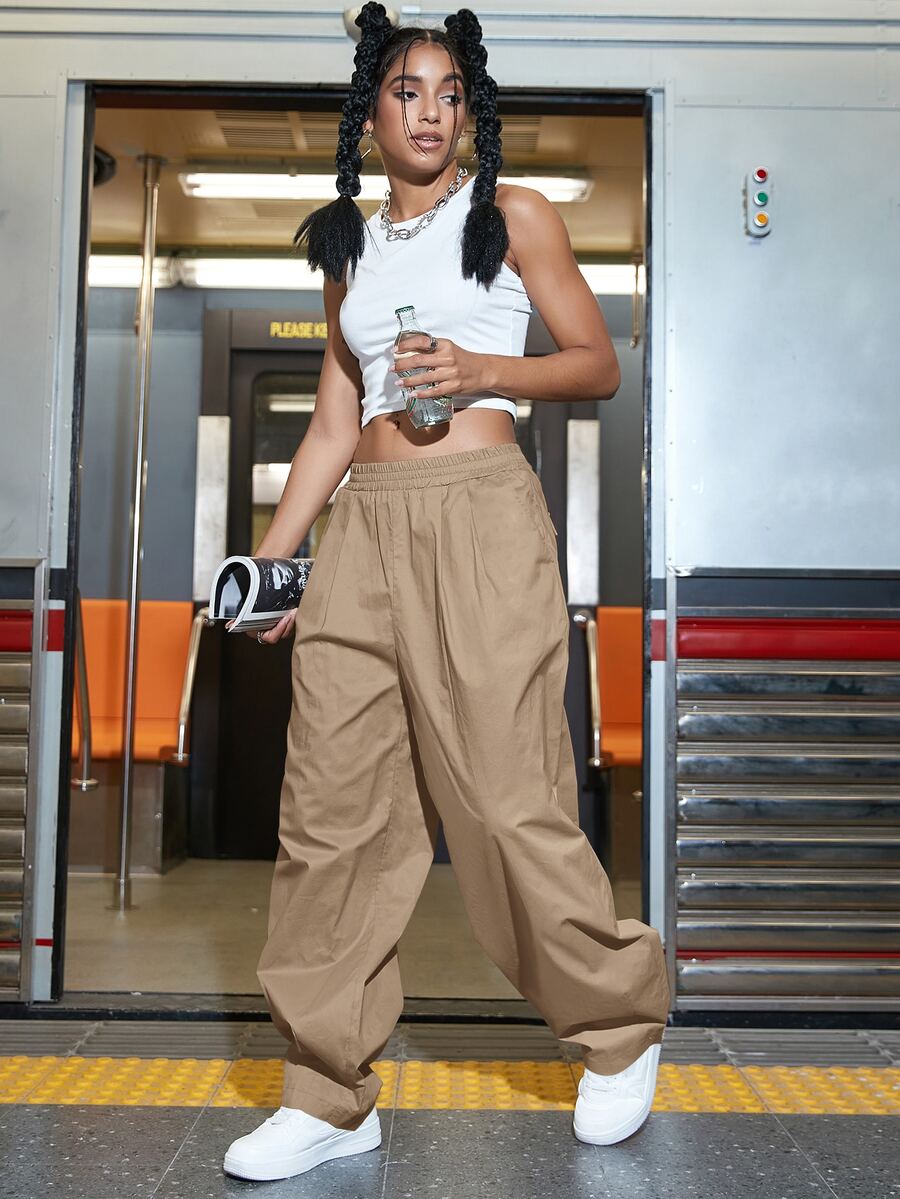 嘻哈斜口袋闊腿褲 - 摩卡棕 - 查看 1