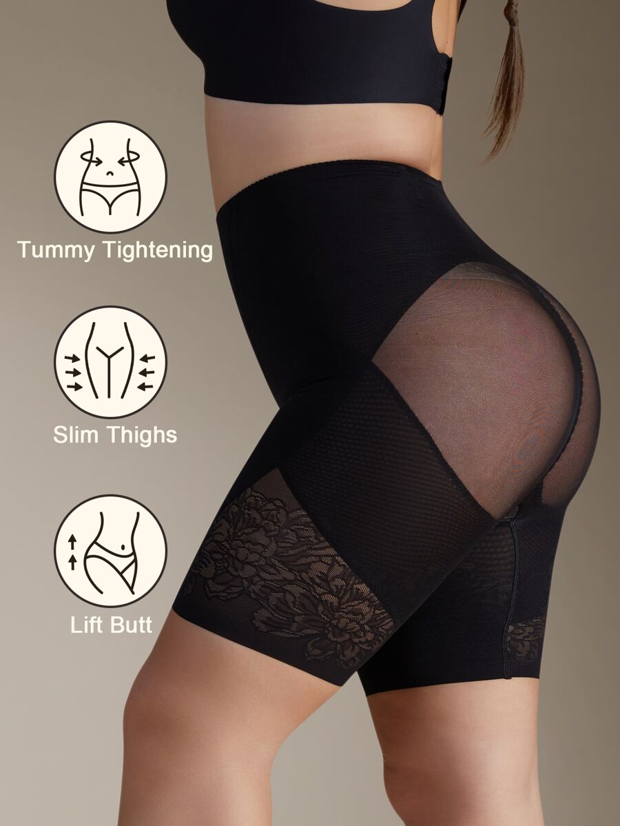 Floral Lace Panel High Waisted Shapewear Shorts