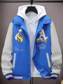 Manfinity EMRG Lỏng lẻo phù hợp Nam Áo khoác Đại học Với In thư , Khối màu Và Sọc trang trí , Hoodie - Xanh và trắng - Xem 1