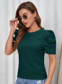 SHEIN Clasi Camiseta unicolor de manga farol - Verde Oscuro - Ver 3