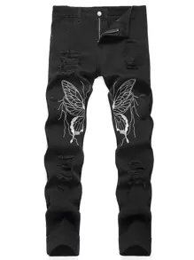 Jeans rotos con estampado de mariposa para hombre - Negro - Ver 1