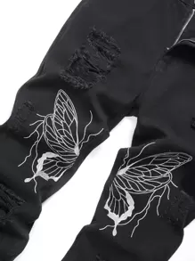 Jeans rotos con estampado de mariposa para hombre - Negro - Ver 4