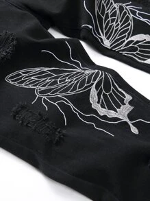 Jeans rotos con estampado de mariposa para hombre - Negro - Ver 5