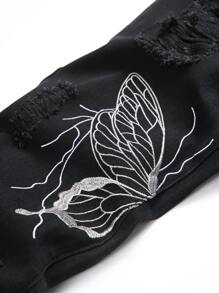 Jeans rotos con estampado de mariposa para hombre - Negro - Ver 6