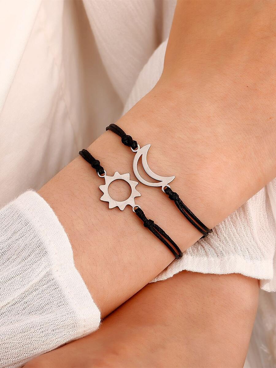 2 piezas/set Pulsera con diseño de luna & sol - Negro - Ver 1