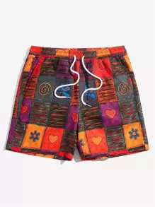 GENTILAND Men Patchwork Print Drawstring Waist Shorts - Multicolor - View 1
