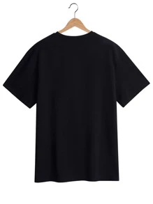 SHEIN EZwear 字母和織帶圖案T恤 - 黑色 - 查看 2
