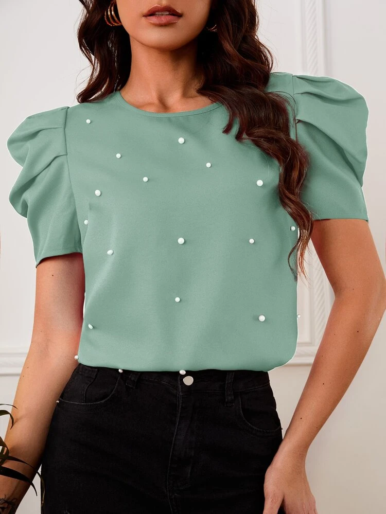 Blusa pérolas com contas manga bufante