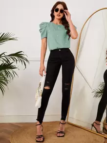 SHEIN Clasi Pearls Beaded Puff Sleeve Blouse - Mint Green - View 3