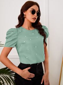 SHEIN Clasi Pearls Beaded Puff Sleeve Blouse - Mint Green - View 4