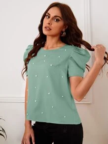 SHEIN Clasi Pearls Beaded Puff Sleeve Blouse - Mint Green - View 5
