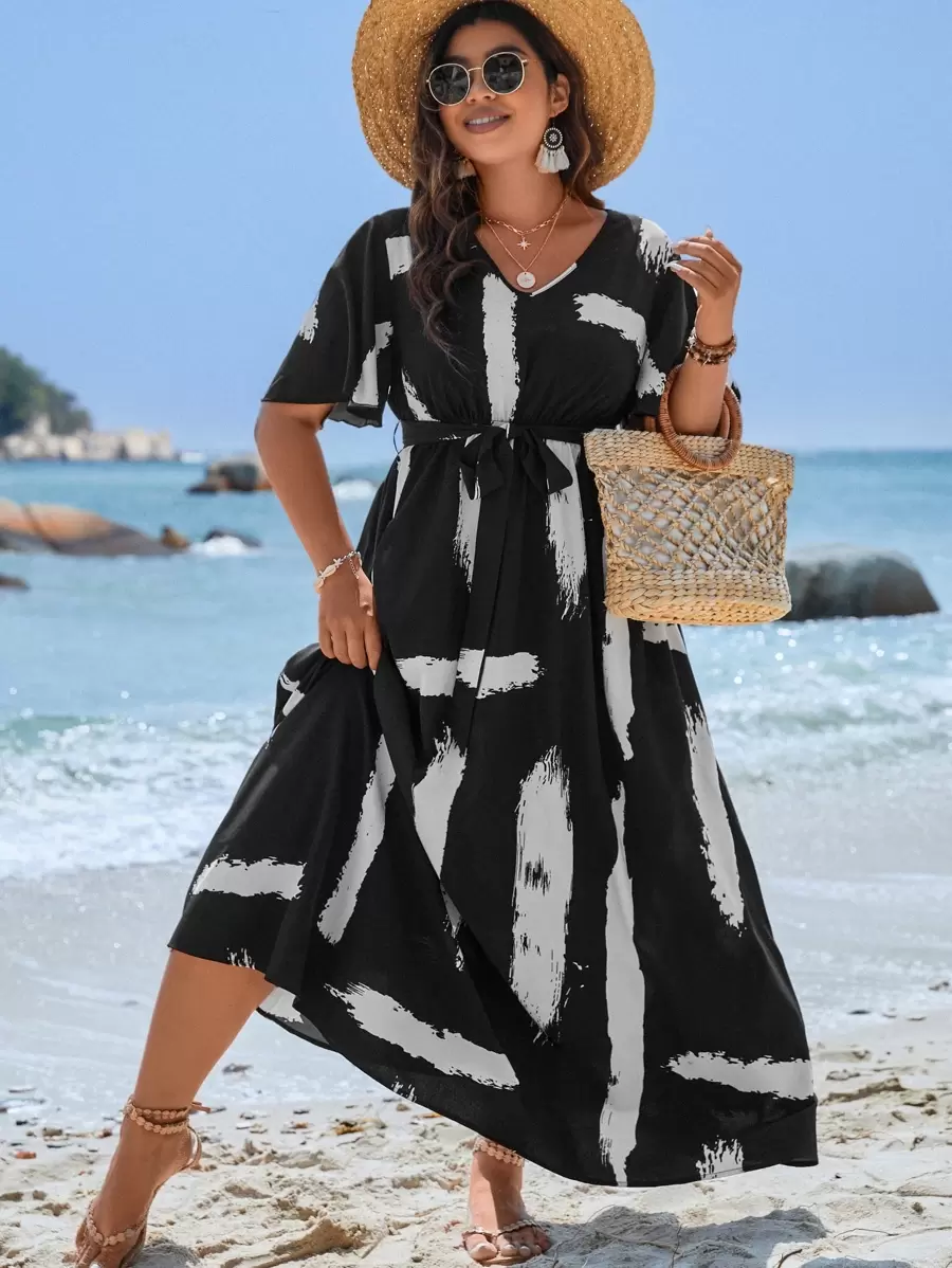 Breezaya Plus Brush Print Butterfly Sleeve Knot Front Dress - Black and White - View 1