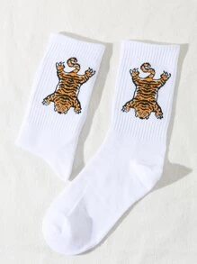 Men Tiger Pattern Crew Socks, Fall Socks