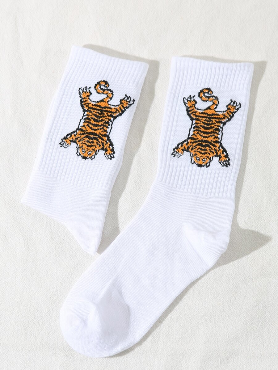 Men Tiger Pattern Crew Socks, Fall Socks