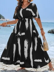 Breezaya Plus Brush Print Butterfly Sleeve Knot Front Dress - Black and White - View 3