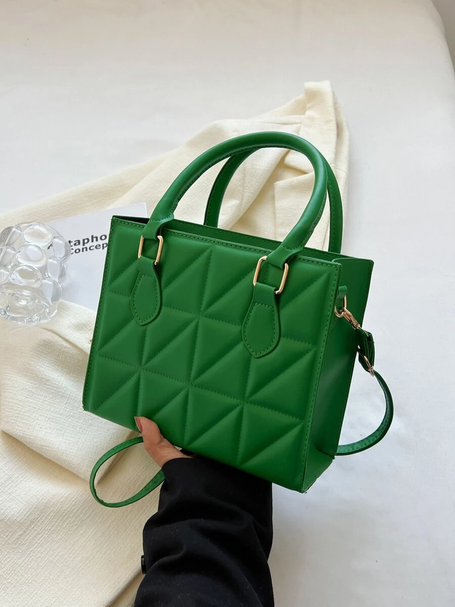Quilted Square Bag Green Double Handle - Green - View 1