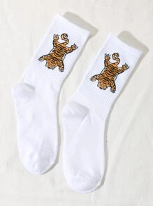 Men Tiger Pattern Crew Socks, Fall Socks