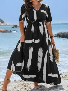 Breezaya Plus Brush Print Butterfly Sleeve Knot Front Dress - Black and White - View 4