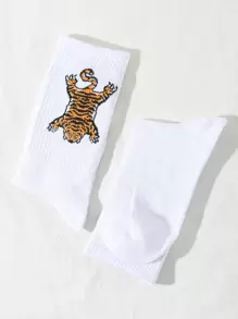 Men Tiger Pattern Crew Socks, Fall Socks