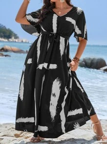 Breezaya Plus Brush Print Butterfly Sleeve Knot Front Dress - Black and White - View 5