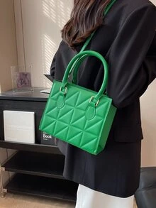 Quilted Square Bag Green Double Handle - Green - View 4