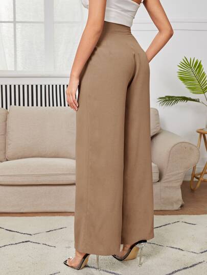 SHEIN PETITE High Waist Plicated Detail Wide Leg Dress Pants ,Petite Women